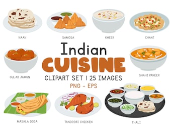 Indian Food Clipart: Cuisine Graphics, Naan, Samosa (Digital Download)
