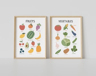 May include: Two framed educational posters with colorful illustrations of fruits and vegetables. The left poster is titled "FRUITS" and features images of an apple, orange, grapes, lemon, watermelon, banana, cherries, avocado, strawberry, mango, pineapple, and blueberries. The right poster is titled "VEGETABLES" and features images of a tomato, corn, carrot, onion, broccoli, eggplant, garlic, cabbage, cucumber, pea, potato, and spinach.