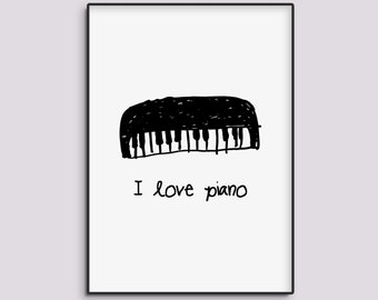 Pode incluir: Ilustração em preto e branco de um piano com o texto "I love piano" abaixo. A ilustração é em um estilo simples e infantil.