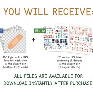 May include: A digital clipart set of 160 medical illustrations, including bandages, medical equipment, and cartoon doctors and nurses. The set includes 160 high-quality PNG files and 2 vector EPS files. All files are available for instant download after purchase.