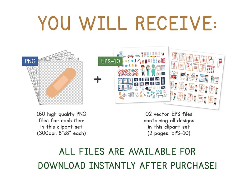 May include: A digital clipart set of 160 medical illustrations, including bandages, medical equipment, and cartoon doctors and nurses. The set includes 160 high-quality PNG files and 2 vector EPS files. All files are available for instant download after purchase.