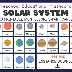 Tarjetas didácticas del sistema solar imprimibles, Nomenclatura de planetas Tarjetas Montessori de 3 partes, Educación de juguetes preescolares para niños pequeños, Material de educación en el hogar