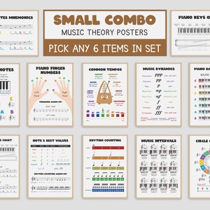 Set Of 6 Piano Music Theory Posters, Music Education Wall Art, Music Room Decor, Note Rest Values, Tempo, Chords, Intervals, Mnemonic Chart