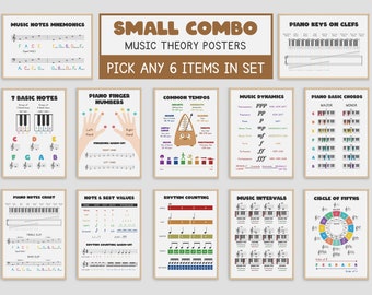 May include: A set of 10 colorful music theory posters for piano students. The posters include topics such as basic notes, piano finger numbers, common tempos, music dynamics, piano basic chords, piano notes chart, note and rest values, rhythm counting, music intervals, and circle of fifths. The posters are designed with a fun and engaging style, featuring illustrations and diagrams.