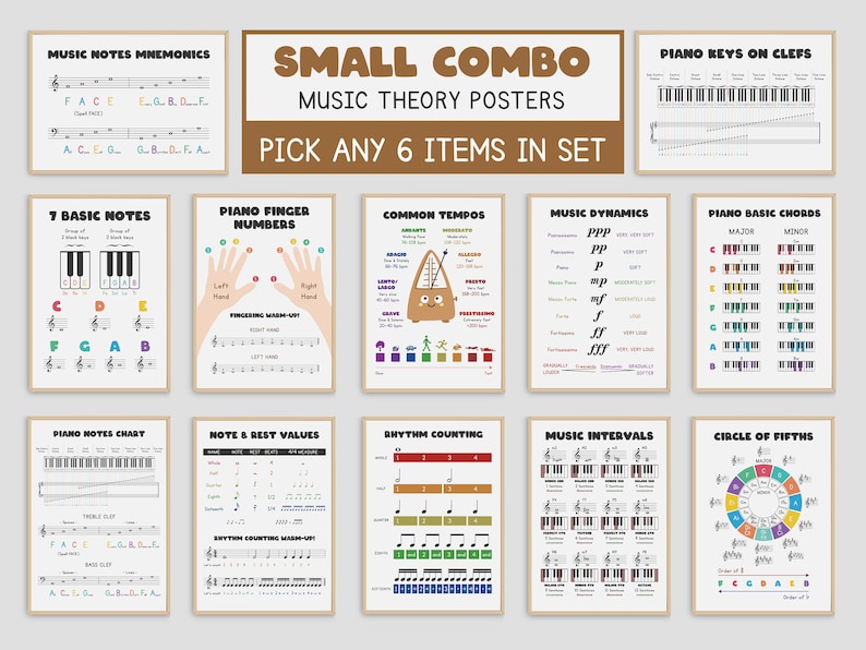May include: A set of 10 colorful music theory posters for piano students. The posters include topics such as basic notes, piano finger numbers, common tempos, music dynamics, piano basic chords, piano notes chart, note and rest values, rhythm counting, music intervals, and circle of fifths. The posters are designed with a fun and engaging style, featuring illustrations and diagrams.