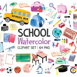 Conjunto de imágenes prediseñadas de la escuela de acuarela, lindos útiles escolares png Eps archivos paquete de imágenes prediseñadas, descarga digital de regreso a la escuela, imágenes prediseñadas de papelería escolar