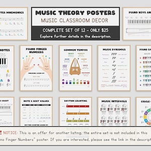 Recommendation for the full collection of twelve music classroom decor posters including note mnemonics, piano keys on clefs, and more for music theory education, displayed in a grid.