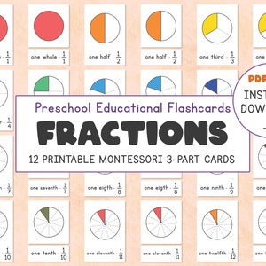 Fractions Lernkarten, Fractions Montessori 3-teilige Karten, Kleinkinder Vorschulerziehung, Homeschool Material, Nomenklatur Karten