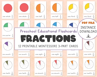 Fractions Flashcards Printable, Fractions Montessori 3-Part Cards, Toddlers Preschool Education, Homeschool Material, Nomenclature Cards
