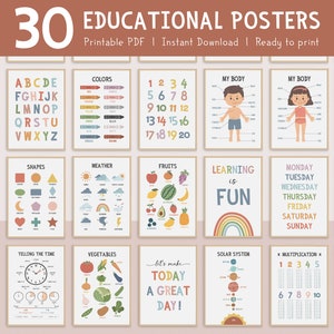 Set di 30 poster didattici stampabili - ABC, numeri, meteo, decorazioni murali per la scuola materna e l'istruzione parentale, decorazioni per l'apprendimento dei più piccoli, download immediato