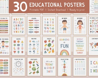 30 Printable Educational Posters Set - ABC, Numbers, Weather, Preschool & Homeschool Wall Art, Toddler Learning Decor, Instant Download