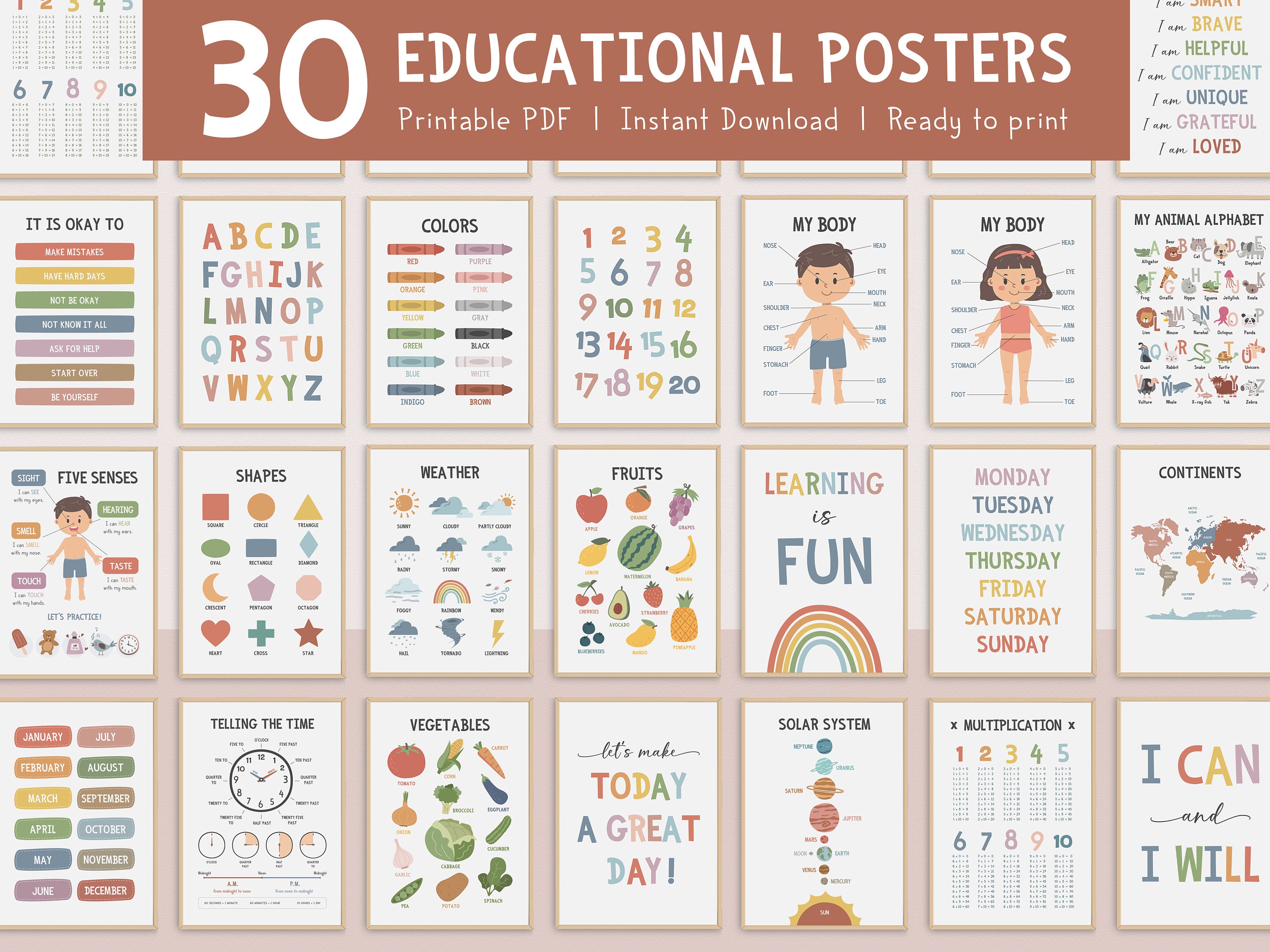 Educational Posters Set: ABC, Numbers, Weather - Homeschool Decor (Digital Download)