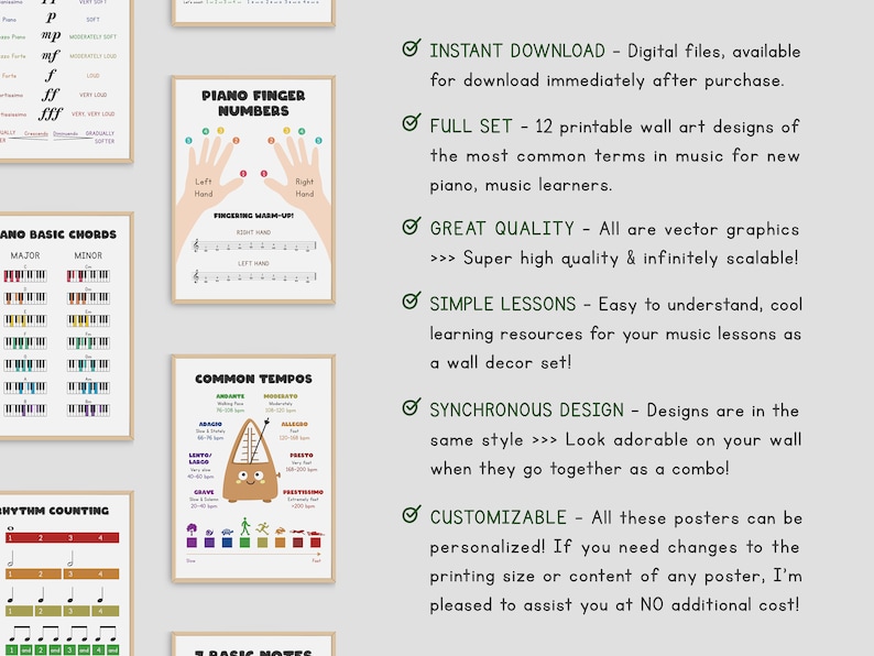 Showcase of a full set of twelve music theory posters, featuring essential music concepts in a visually appealing layout for educational purposes.
