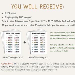 Digital music learning kit featuring a collection of twelve music theory posters, available as high-quality PNG and PDF files for instant download, suitable for educators and students.