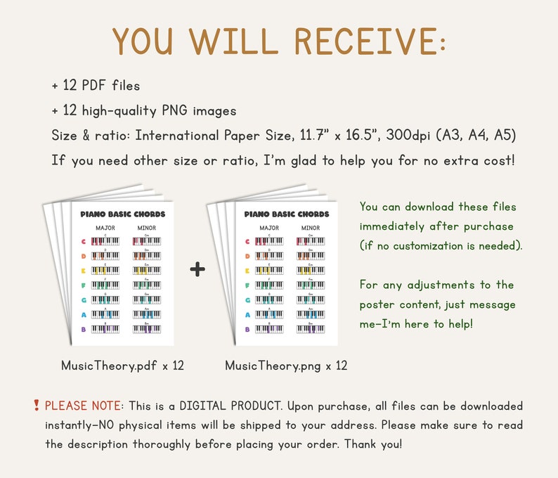 Digital music learning kit featuring a collection of twelve music theory posters, available as high-quality PNG and PDF files for instant download, suitable for educators and students.