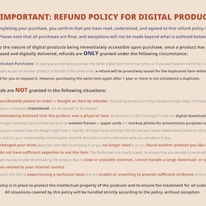 Digital Product Refund Policy Image – Explains refund conditions for digital downloads from TinyGigiDIY, including no refunds for mistaken purchases, misunderstanding about physical items, or lack of usage skills.