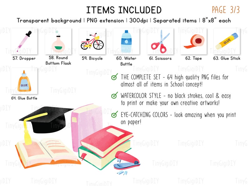 Watercolor School Clipart Set, Cute School Supplies Png Eps Files Clipart Bundle, Back To School Digital Download, School Stationery Clipart image 4