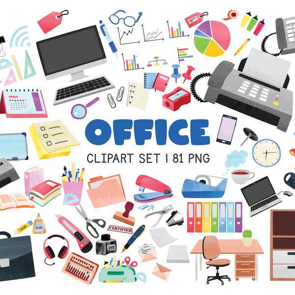 Office Supplies Watercolor Clipart Set, Cute Office Work Stationery Png Clip Art Bundle, Work From Home Digital Download, Office clipart