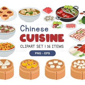 Set di clipart di cibo cinese - Cucina cinese Png, Eps - Dim Sum, Anatra alla pechinese, Gnocchi, Char Siu, Pollo Kung Pao - Download digitale