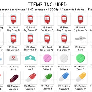 May include: A set of 18 digital illustrations of medical supplies, including blood bags, doctor hats, nurse hats, medicine tablets, and capsules. The illustrations are in a cartoon style and have a white background.