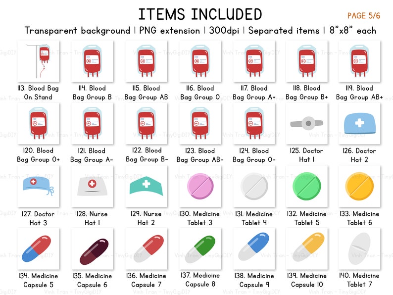 May include: A set of 18 digital illustrations of medical supplies, including blood bags, doctor hats, nurse hats, medicine tablets, and capsules. The illustrations are in a cartoon style and have a white background.