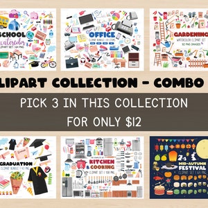 Categories Clipart Bundles Combo 3 - School Supplies, Graduation, Gardening, Kitchen, Moon Festival, Office Clipart Set. Digital Download