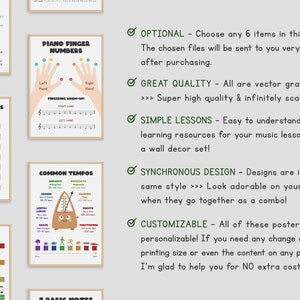 May include: Set of 6 printable music posters for kids. The posters feature colorful illustrations and diagrams for learning piano basics, including finger numbers, basic chords, rhythm counting, and common tempos.  The posters are customizable and can be printed in any size.