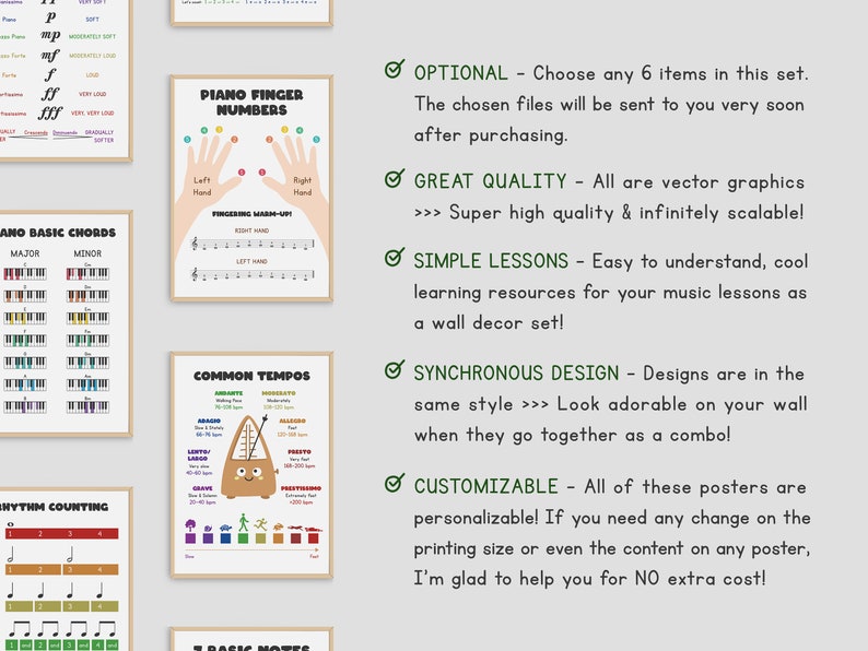 May include: Set of 6 printable music posters for kids. The posters feature colorful illustrations and diagrams for learning piano basics, including finger numbers, basic chords, rhythm counting, and common tempos.  The posters are customizable and can be printed in any size.