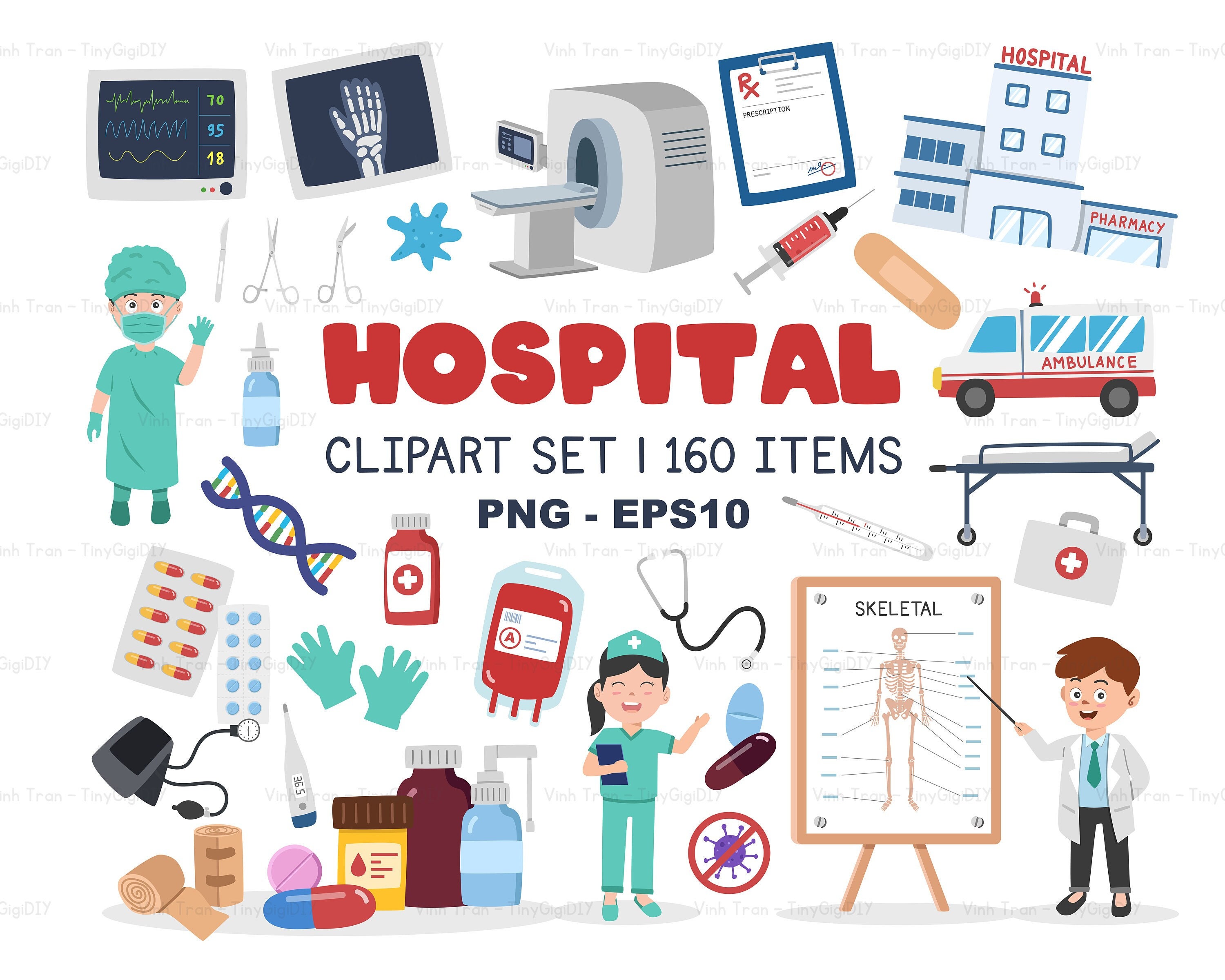 Hospital Clipart Set Hand Drawn Medical Doctor Medicine Health Clip 