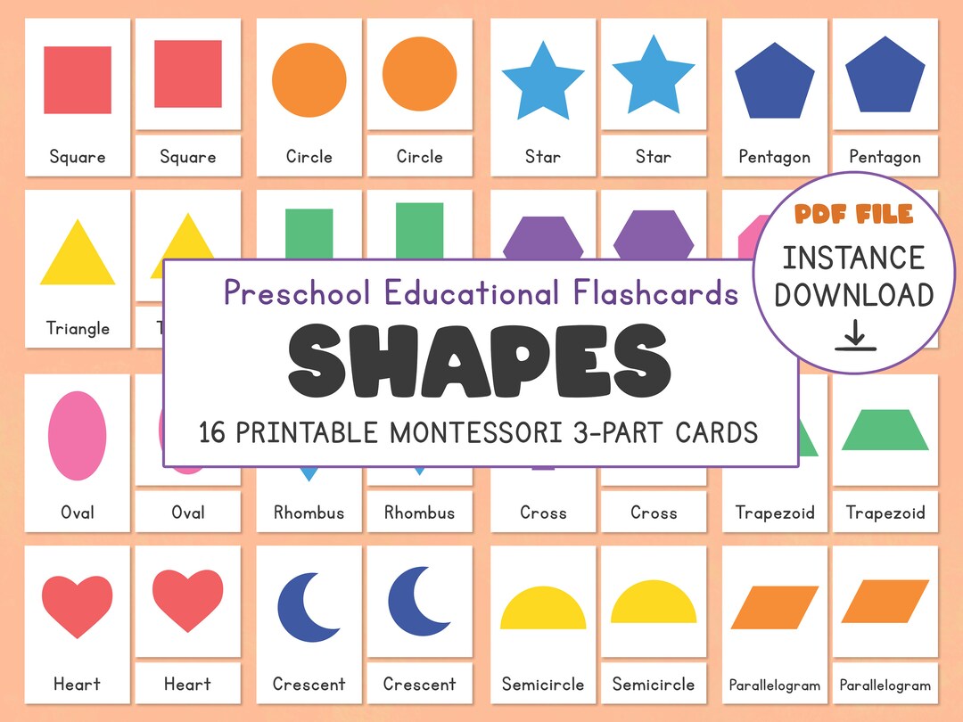 Shapes Flashcards: Geometric Montessori 3-part Cards (PDF Printable) - Etsy