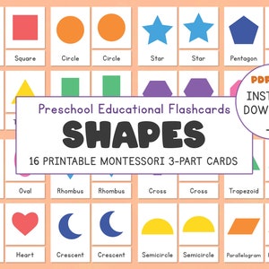 Shapes Flashcards Printable, Geometric Flash Cards, Montessori 3-Part Cards, Toddlers Preschool Education, Homeschool Nomenclature Cards