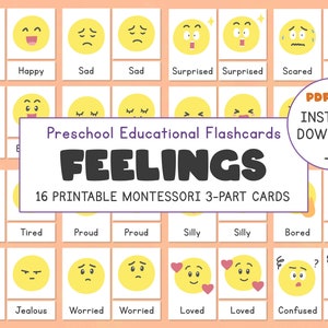 Emotions Flashcards, Feelings Flashcards, Printable Montessori 3-Part Cards, Toddlers Preschool Education, Homeschool Material, Nomenclature