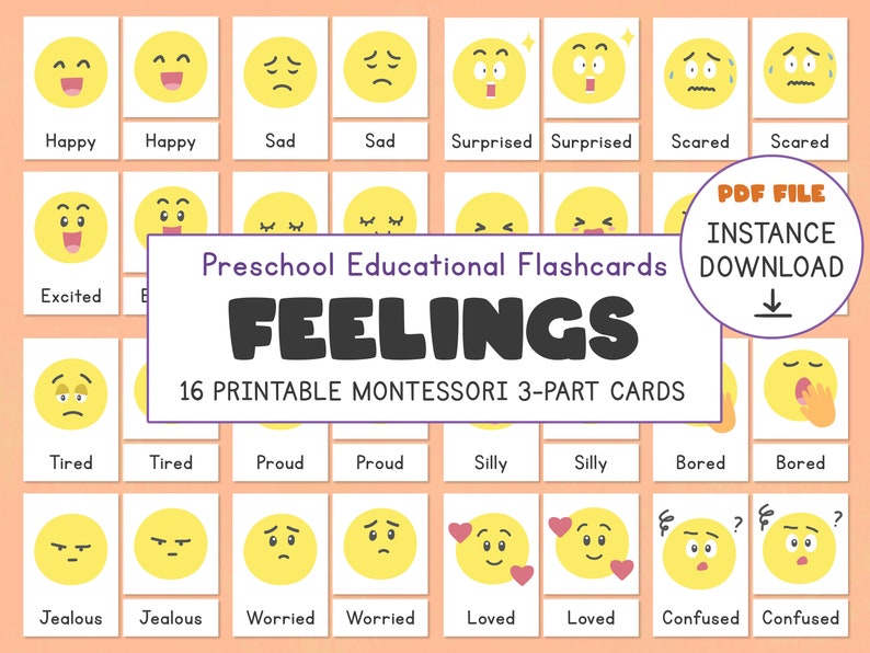 Emotions Flashcards, Feelings Flashcards, Printable Montessori 3part