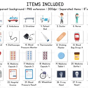 May include: A set of 28 colorful illustrations of medical items, including a hospital building, ambulance, stretcher, patient bed, doctor, nurse, surgeon, first aid kit, stethoscope, blood pressure monitor, thermometer, sticking plaster, blood bag, patient monitor, medicine capsules, medicine bottle, medicine tablet, MRI scanner, hospital invoice, blood pressure result, wheelchair, and x-rays of a hand, head, and leg.