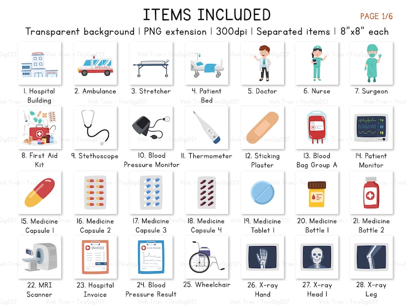 May include: A set of 28 colorful illustrations of medical items, including a hospital building, ambulance, stretcher, patient bed, doctor, nurse, surgeon, first aid kit, stethoscope, blood pressure monitor, thermometer, sticking plaster, blood bag, patient monitor, medicine capsules, medicine bottle, medicine tablet, MRI scanner, hospital invoice, blood pressure result, wheelchair, and x-rays of a hand, head, and leg.