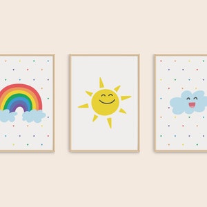 Set Of 3 Decorative Posters Rainbow, Cloud, Sun Printable Wall Art, Homeschool Educational Kids Posters Digital, Preschool Classroom Decor