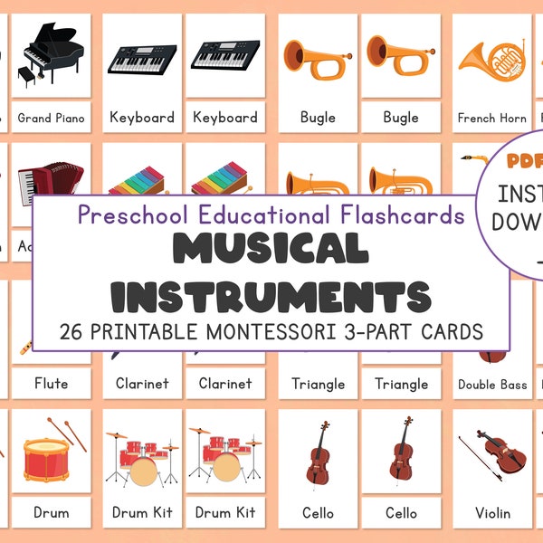 Musical Instruments Flashcards Printable, Music Instruments Nomenclature Montessori 3-Part Cards, Toddlers Preschool Education, Homeschool