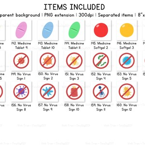 May include: A set of 16 digital illustrations featuring various medical items, including pills, softgels, and no virus signs. The illustrations are in a cartoon style and are perfect for use in digital projects.