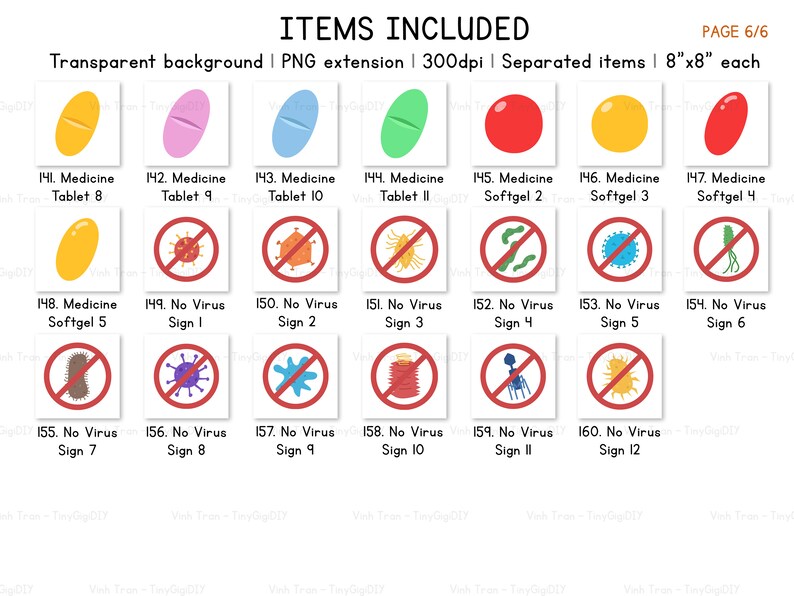 May include: A set of 16 digital illustrations featuring various medical items, including pills, softgels, and no virus signs. The illustrations are in a cartoon style and are perfect for use in digital projects.