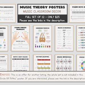 Recommendation for the full collection of twelve music classroom decor posters including note mnemonics, piano keys on clefs, and more for music theory education, displayed in a grid.