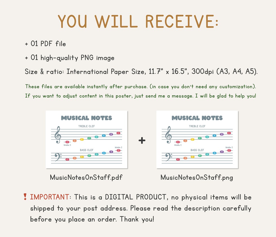 Music Notes Chart: Treble & Bass Clef for Kids (printable PDF) - Etsy ...