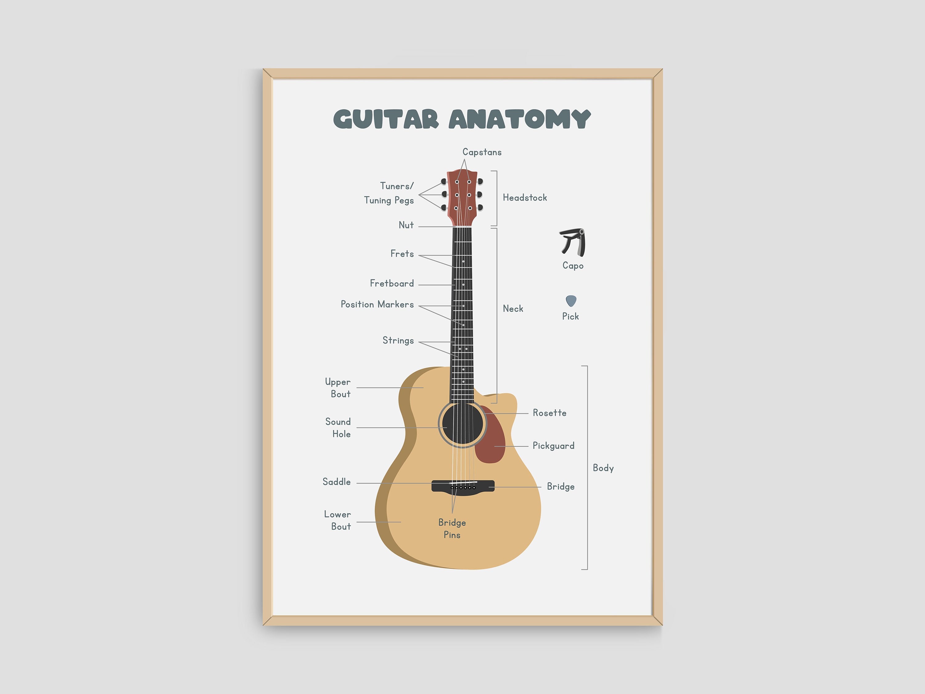 Guitar Anatomy Simple Chart PDF, Guitar Theory Poster For Beginners, Printable Wall Art Design, Instant Download, Music Classroom Decor