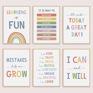 Conjunto de 6 carteles motivacionales, carteles inspiradores imprimibles, decoración de pared para aulas, decoración de pared para niños, decoración de educación en casa (descarga digital)