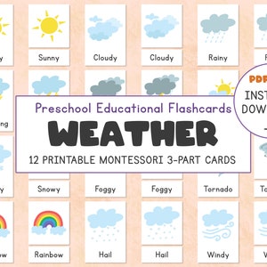 Flashcards meteorológicos para impressão, nomenclatura meteorológica Montessori, cartões de 3 partes, material de educação pré-escolar para crianças, brinquedos pré-escolares