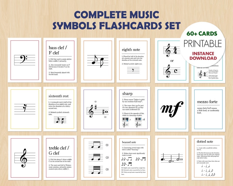 Music Symbols Flashcards Printable Set Music Theory Etsy