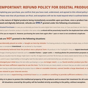 Digital Product Refund Policy Image – Explains refund conditions for digital downloads from TinyGigiDIY, including no refunds for mistaken purchases, misunderstanding about physical items, or lack of usage skills.