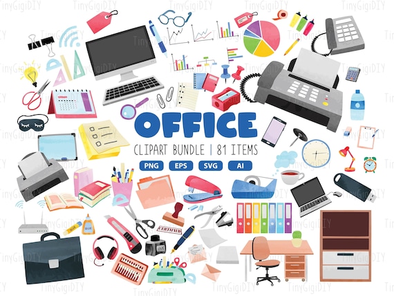 Office Supplies Watercolor Clipart Set, Cute Office Work