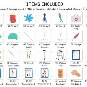 May include: A set of 84 colorful illustrations of medical supplies and equipment, including viruses, doctor's bags, surgical tools, crutches, walking canes, and prescriptions. Each illustration is 8 inches by 8 inches and has a transparent background.