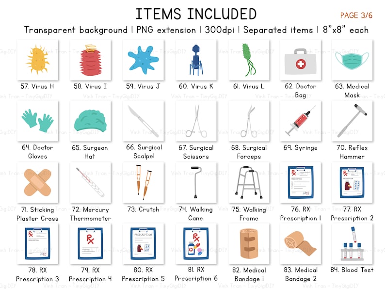 May include: A set of 84 colorful illustrations of medical supplies and equipment, including viruses, doctor's bags, surgical tools, crutches, walking canes, and prescriptions. Each illustration is 8 inches by 8 inches and has a transparent background.