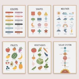 Set von 6 Lernpostern, Farben, Wetter, Sonnensystem, Obst, Gemüse druckbare Wandkunst, Vorschullernen, digitaler Download